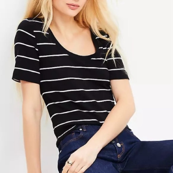 LOFT Striped Scoop Neck Short Sleeve Ribbed Top  Blue & White Med - Picture 1 of 9